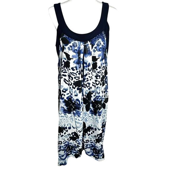 SLNY Women's Large Blue Floral Animal Print Silky High Low Sleeveless Midi Dress - Picture 1 of 9